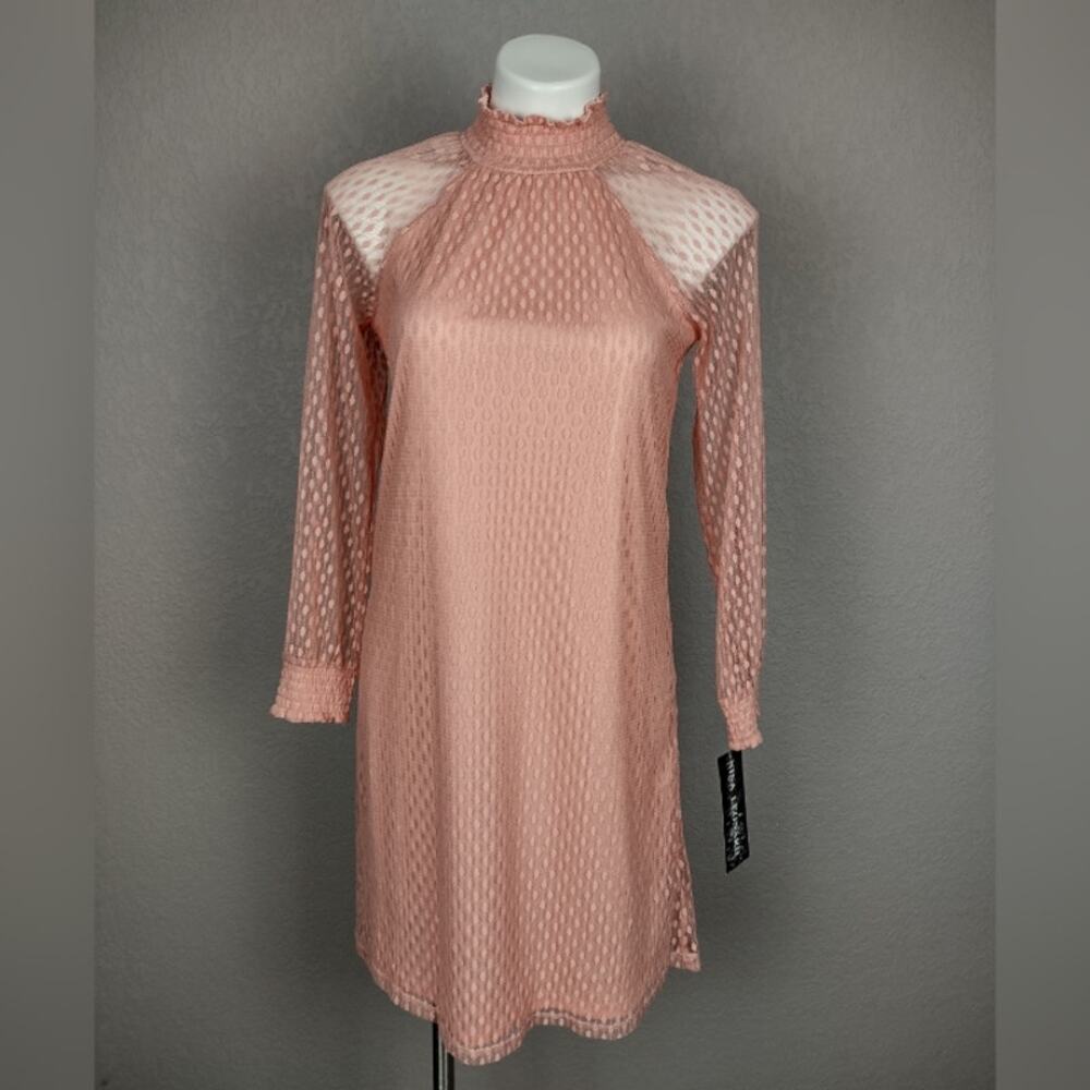 Nina Leonard Lace Mockneck Trapeze Long Sleeve Dress in Blush Size Small - Picture 2 of 16